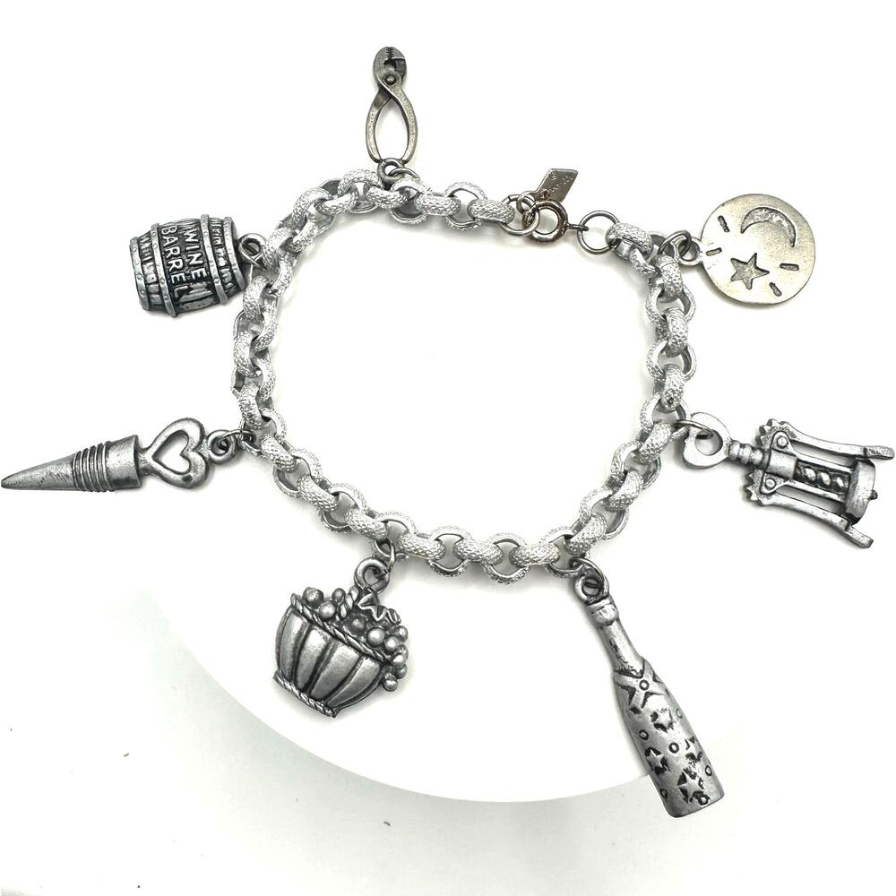 Vintage Sarah Coventry silver tone chain handmade wine charms bracelet 7.75"